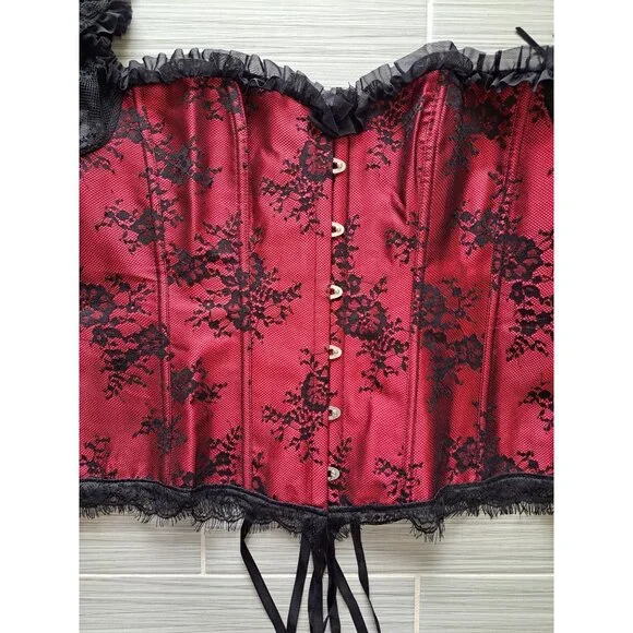 Gothic Red & Black Lace Off-Shoulder Corset Top Bell Sleeves Bustier Blouse 7XL - Picture 7 of 12